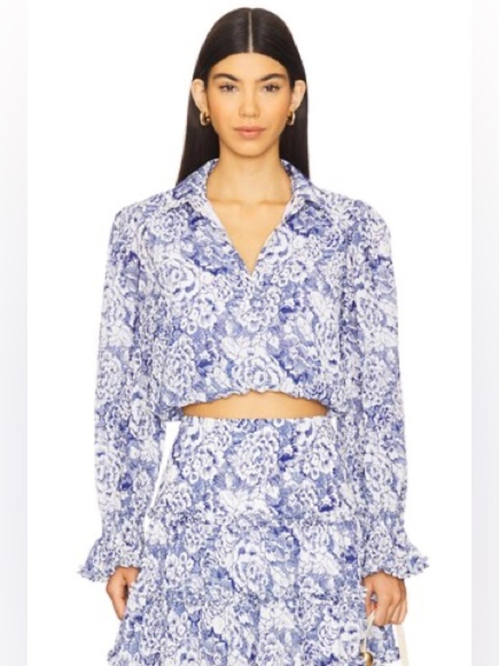 Cinq A Sept Floral Zendaya Top in White & Dark Cerulean NEW